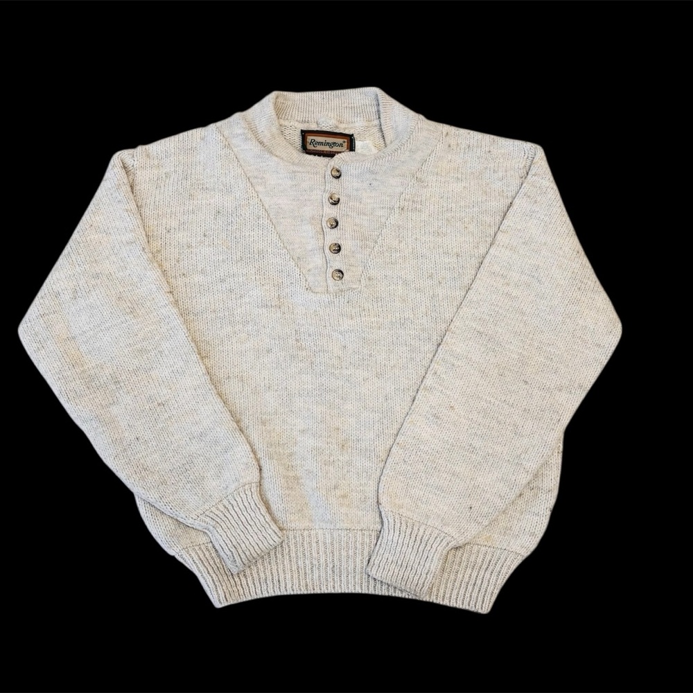 Vtg Remington Heavy Wool Blend Sweater Flecked Gray Cream Beige Large USA